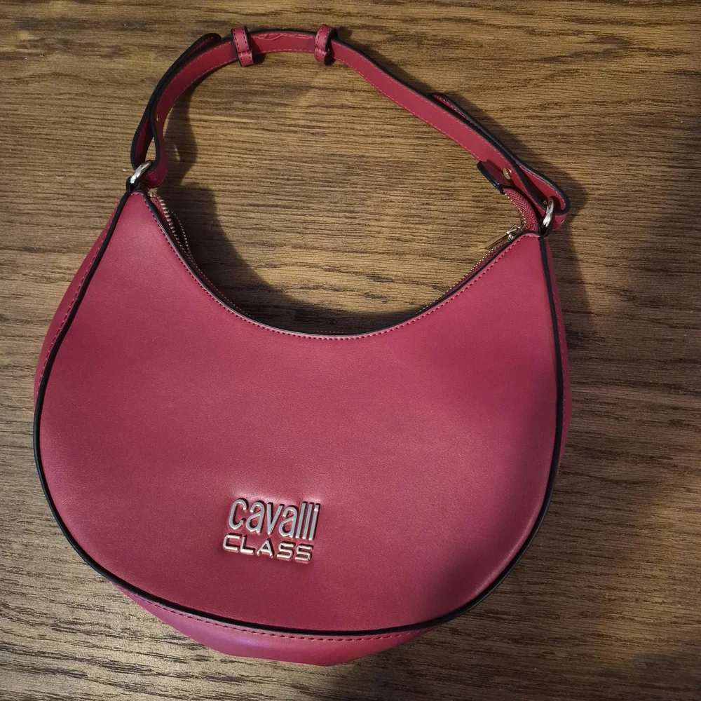 Cavalli Class Pink Crescent Hobo Shoulder Bag with Contrast Trim